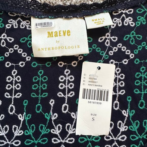 Maeve Anthropologie navy green & white embroidered v-neck tank top size S NWT - Picture 8 of 13